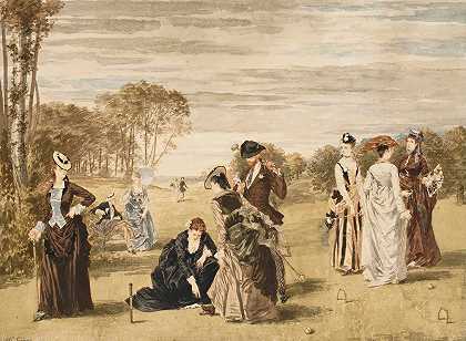优雅的槌球手`Elégants jouant au croquet (1874) by Pierre Gavarni