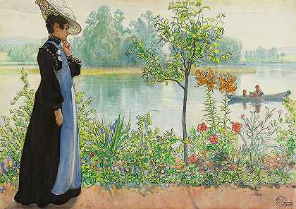 海岸边的卡林，1908年`Karin by the Shore, 1908 by Carl Larsson