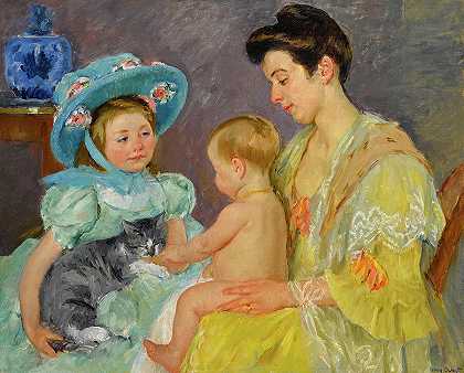 与猫玩耍的孩子们，1908年`Children Playing with a Cat, 1908 by Mary Cassatt