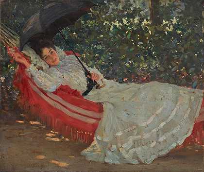 红色吊床`The Red Hammock (1901) by William Henry Margetson
