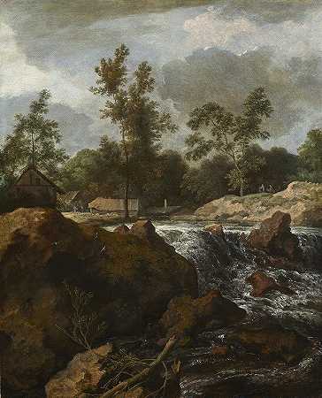 瀑布景观`Landscape with Waterfall (c. 1660 ~ 1675) by Allaert van Everdingen