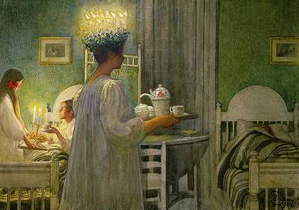 1908年圣诞节早晨`Christmas Morning, 1908 by Carl Larsson
