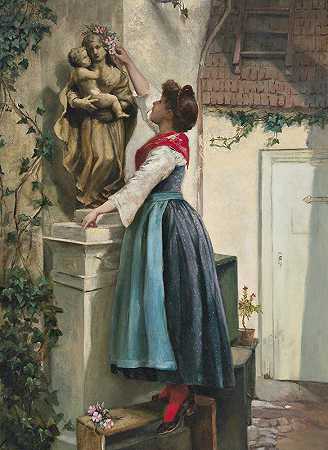 玛丽雕像的花卉装饰`Blumenschmuck für die Marienstatue by Josef Kinzel