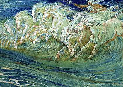海王星的马，1910年`The Horses of Neptune, 1910 by Walter Crane