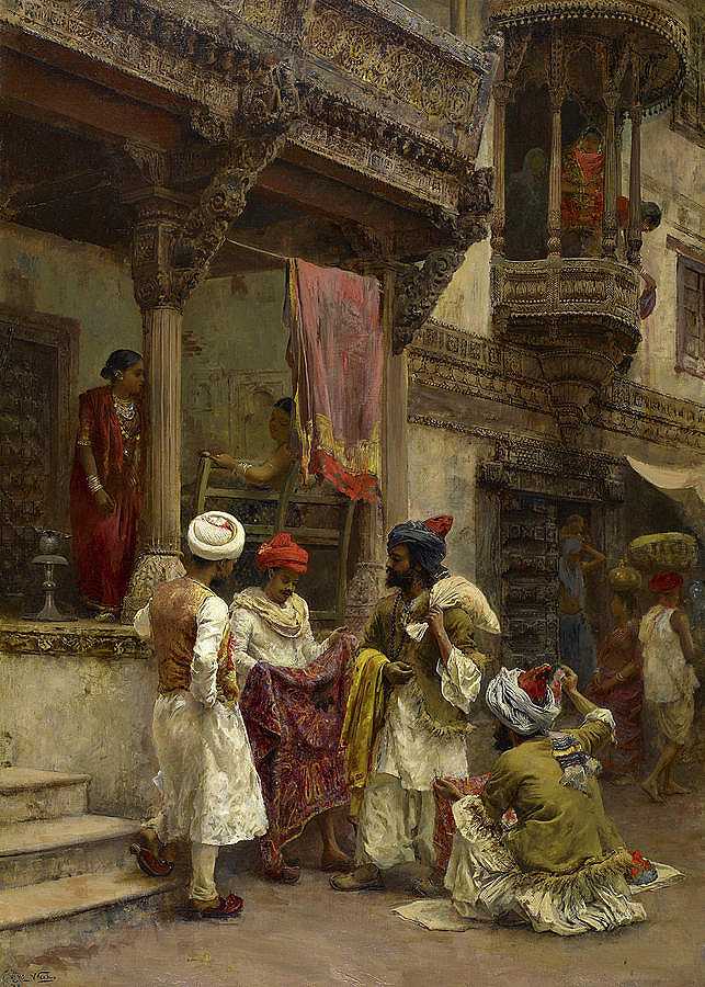 丝绸商人，印度集市`The Silk Merchants, Indian Bazaar by Edwin Lord Weeks