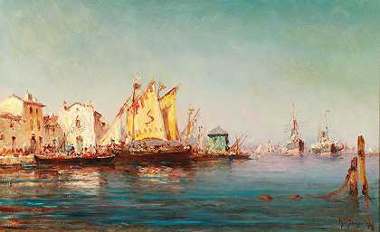 港内船只`Ships in the Harbour (1897) by Charles Malfroy