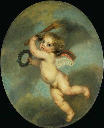 用手电筒飞行的丘比特`Flying Cupid with a Torch (c. 1790) by Jean-Baptiste Greuze