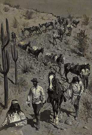 劳顿对Geronimo的追求`Lawton\’s Pursuit of Geronimo by Frederic Remington