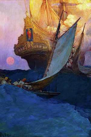 海盗们，对帆船的袭击`An Attack on a Galleon, Pirates by Howard Pyle