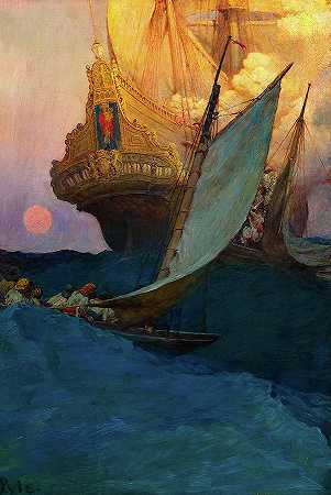 对一艘帆船的袭击，1905年`An Attack on a Galleon, 1905 by Howard Pyle