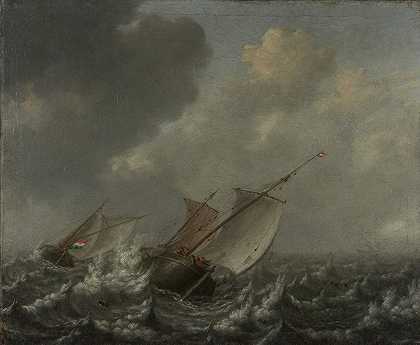 波涛汹涌的海面上的船只`Vessels on a Choppy Sea (1620s) by Jan Porcellis