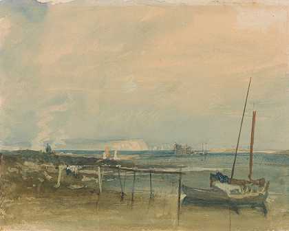 海岸景色，白色的悬崖和岸上的船只`Coast Scene with White Cliffs and Boats on Shore by Joseph Mallord William Turner