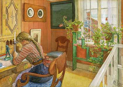 书信写作，1912年`The Letter Writing, 1912 by Carl Larsson