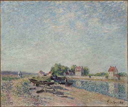 圣马梅斯，游荡运河`Saint~Mammès, Loing Canal (1885) by Alfred Sisley