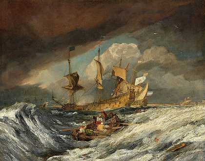 向荷兰士兵抛锚的船只`Boats Carrying Out Anchors to the Dutch Men of War by Joseph Mallord William Turner