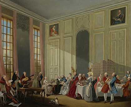 莫扎特在Dutemple Palace的Four-Glace休息室在康蒂王子的法庭上`Mozart Giving A Concert In The ;salon Des Quatre~Glaces Au Palais Dutemple In The Court Of The Prince De Conti (1770) by Michel-Barthélémy Ollivier