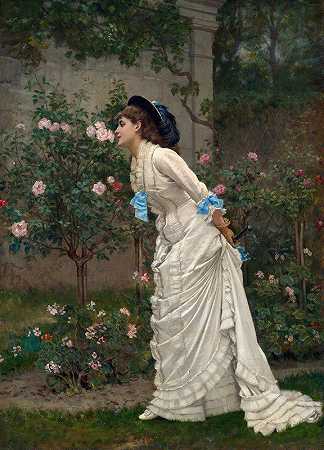 女人和玫瑰`Woman And Roses (1879) by Auguste Toulmouche