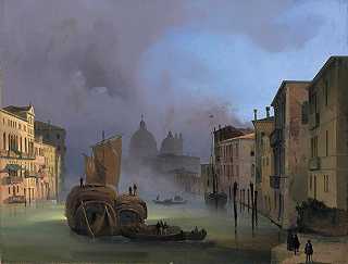 尼斯大运河，从戴尔桥出发学院，向圣玛丽亚·德拉致敬`The Grand Canal, Venice, From The Ponte Dellaccademia, With Santa Maria D… 
