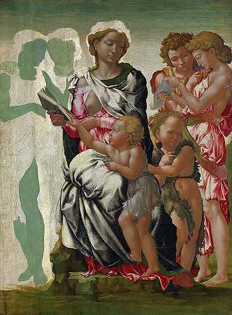 1497年，麦当娜与圣约翰与天使之子`Madonna and Child with St John and Angels, 1497 by Michelangelo