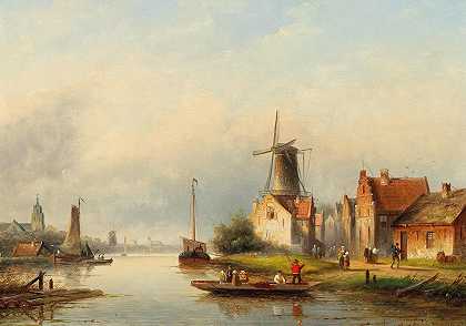 运河上的渔民`Fishermen On The Canal by Jan Jacob Coenraad Spohler