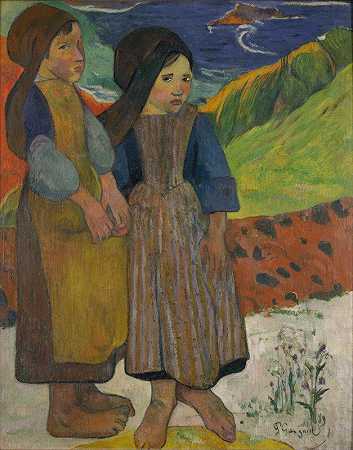 两个布莱顿女孩`Two Breton Girls by the Sea by the Sea by Paul Gauguin