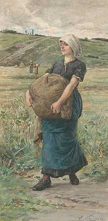 拎着沉重的袋子奔跑的女人`Lopende vrouw met zware zak (1883) by Ernst Witkamp