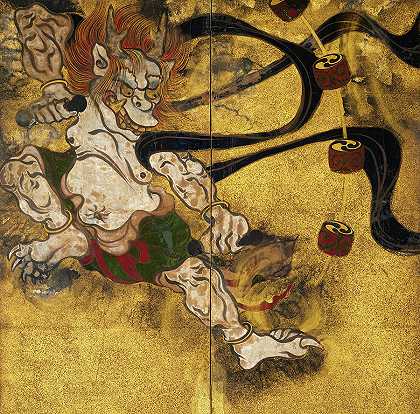雷神，雷津，1600年`God of Thunder, Raijin, 1600 by Tawaraya Sotatsu