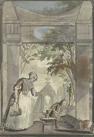 女佣看着男孩把孩子从手推车上摔下来`Dienstmaagd bij jongen die kind uit kruiwagen laat tuimelen (1677 ~ 1755) by Elias van Nijmegen