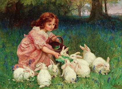爱丽丝梦游仙境，喂兔子`Alice in Wonderland, Feeding the Rabbits by Frederick Morgan