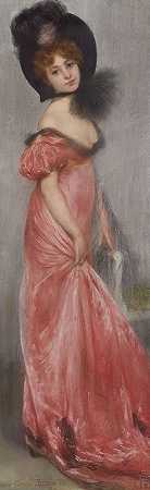 一位穿着粉红色连衣裙的年轻女子`A young woman in pink dress by Pierre Carrier-Belleuse