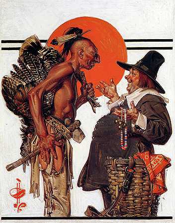 感恩节，印第安人和朝圣者`Thanksgiving, Indian and the Pilgrim by Joseph Christian Leyendecker