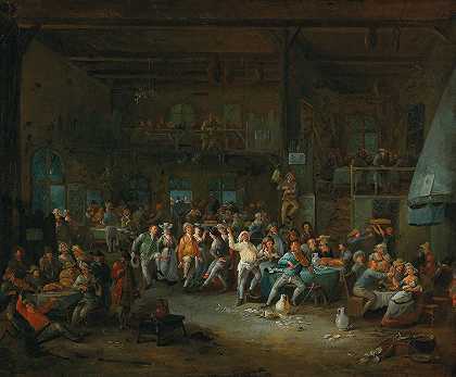酒馆屋内有快乐的农民`Tavern Interior With Merry Making Peasants by Egbert van Heemskerck I