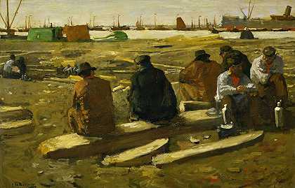 午餐时间在阿姆斯特丹范迪门斯特拉特的建筑工地`Lunchtime at the Building Site on the Van Diemenstraat in Amsterdam (1897) by George Hendrik Breitner