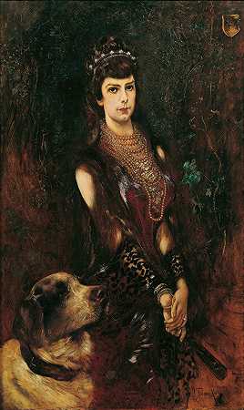 伊丽莎白皇后与圣伯纳德犬`Kaiserin Elisabeth mit Bernhardinerhund (1883) by Anton Romako