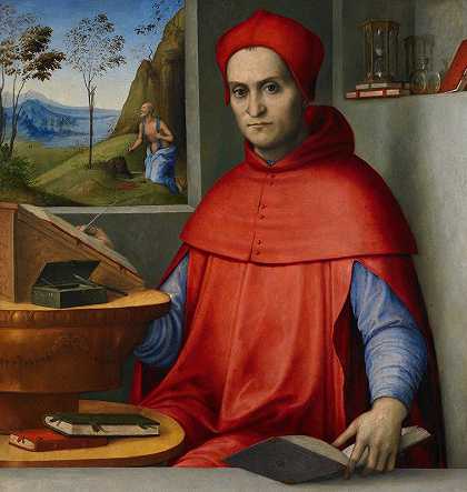 一位红衣主教在书房里的画像`Portrait of a Cardinal in his Study (c. 1510~1520) by Lorenzo Costa