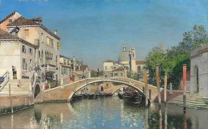 威尼斯运河与贡多拉，圣玛丽亚德拉敬礼超越`A Venetian Canal With Gondolas, Santa Maria Della Salute Beyond by Martin Rico y Ortega