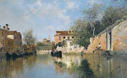 威尼斯运河`A Venetian Canal by Rafael Senet y Perez