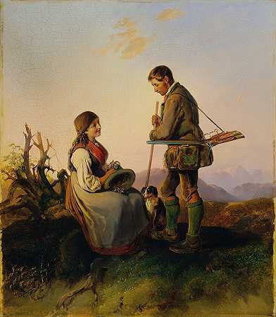 猎人和女孩的爱情问候`Jäger und Mädchen Der Liebesgruß (1847) by Johann Matthias Ranftl