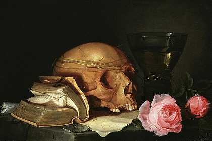 《瓦尼塔的静物与骷髅、一本书和玫瑰》，1630年`A Vanitas Still-Life with a Skull, a Book and Roses, 1630 by Jan Davidsz de Heem