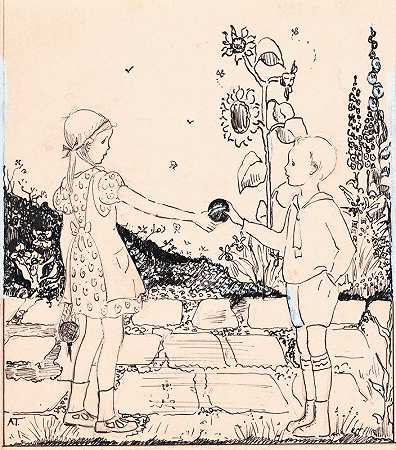 女孩把球给男孩`Meisje geeft bal aan jongen (1925) by A. Tinbergen