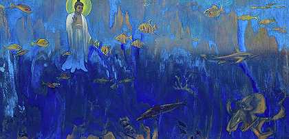 水下王国佛陀调查员`Buddha Investigator, Underwater Kingdom by Nicholas Roerich