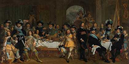 舒特斯梅尔·范威克一世与扬·范德波尔上校和吉斯伯特·范德波尔上尉`Schuttersmaaltijd van Wijk I met kolonel Jan van de Poll en kapitein Gijsbert van de Poll (1650) by Johannes Spilberg