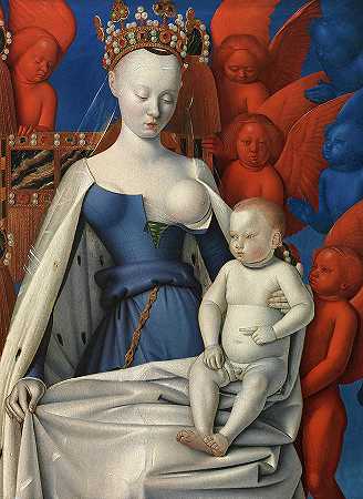 被基路伯和六翼天使包围的女子和孩子`Virgin and Child surrounded by Cherubim and Seraphim by Jean Fouquet