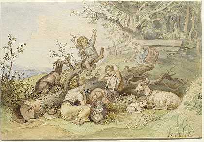 孩子们和山羊在一棵被砍倒的树旁休息`Children And Goats Resting By A Felled Tree (1868) by Adrian Ludwig Richter