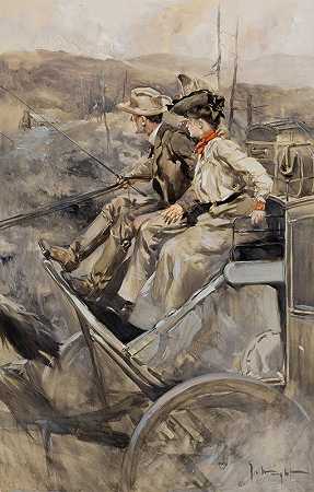 公共马车上的情侣`Couple on Stagecoach (circa 1910) by George Hand Wright