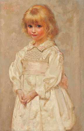 一个穿着粉色和白色工作服的年轻女孩的肖像`Portrait Of A Young Girl In A Pink And White Smock Dress (1886) by Arthur Dampier May