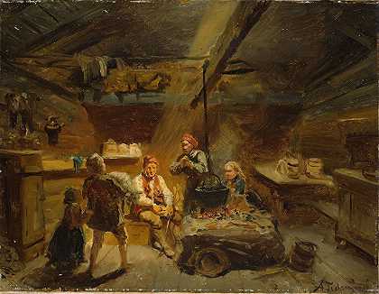 一个男孩带着一只生病的羔羊回家`A Boy bringing Home a sick Lamb (1864) by Adolph Tidemand