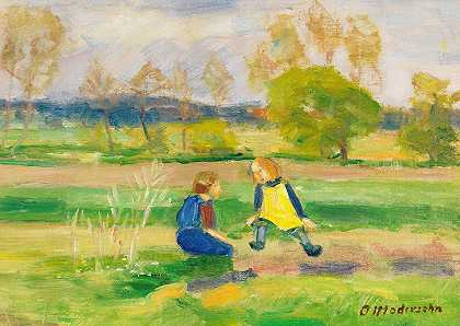 孩子们玩耍`Spielende Kinder (1930) by Otto Modersohn