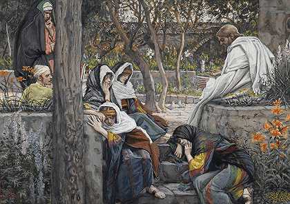 耶稣、抹大拉的马利亚和玛莎在伯大尼`Jesus, Mary Magdalene, and Martha at Bethany (1886~1894) by James Tissot
