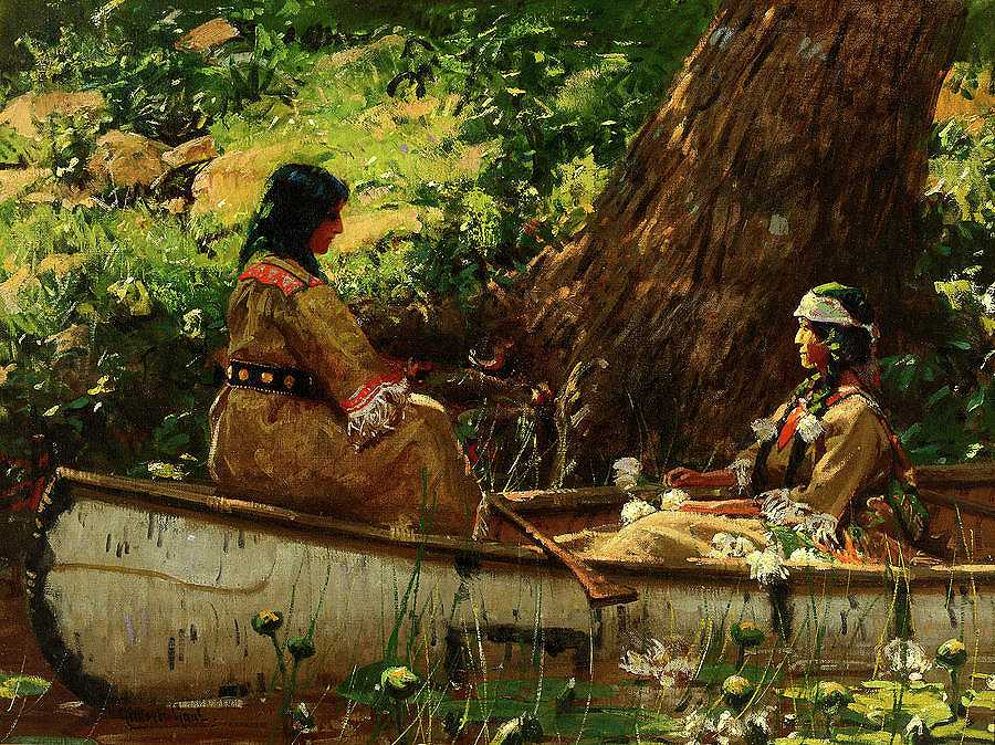 两个印第安人在独木舟里，森林里`Two Indians in a Canoe, Forest Interior by Gilbert Gaul